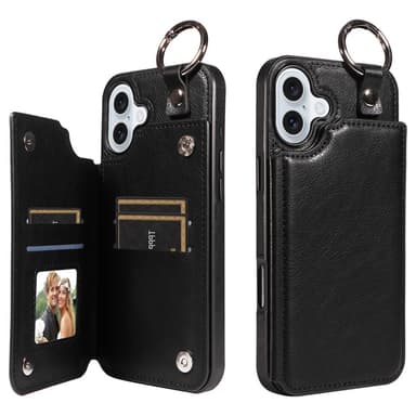SKALO iPhone 16 Plus PU-Nahka Kortinhaltija Ring Suojakuori - Musta