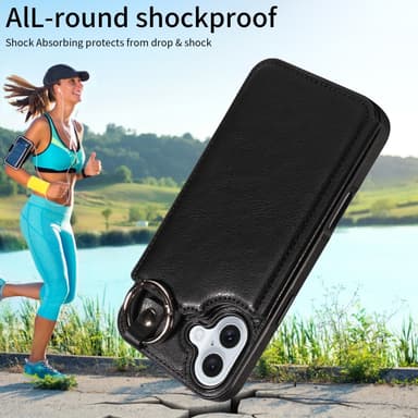 SKALO iPhone 16 Plus PU-Nahka Kortinhaltija Ring Suojakuori - Musta
