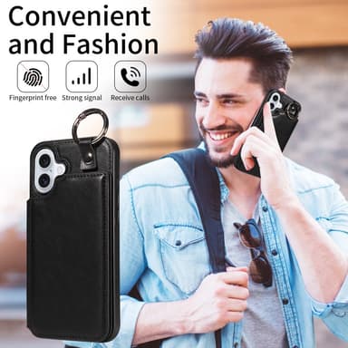 SKALO iPhone 16 Plus PU-Nahka Kortinhaltija Ring Suojakuori - Musta
