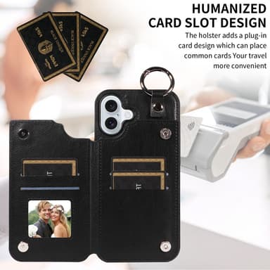 SKALO iPhone 16 Plus PU-Nahka Kortinhaltija Ring Suojakuori - Musta