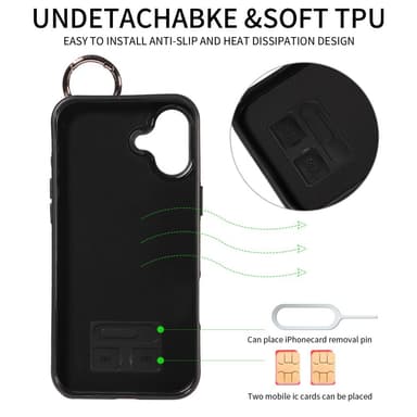 SKALO iPhone 16 Plus PU-Nahka Kortinhaltija Ring Suojakuori - Musta