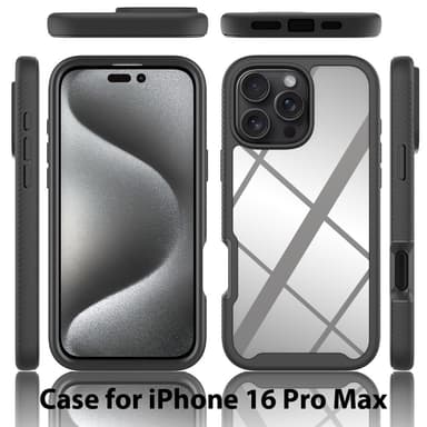 SKALO iPhone 16 Pro Max Iskunkestävä Clear Hybrid Suojakuori + suojakalvo - Musta