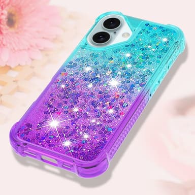SKALO iPhone 16 Plus Juoksuhiekka Glitter Sydämet TPU kuori - Turkoosi-Violetti