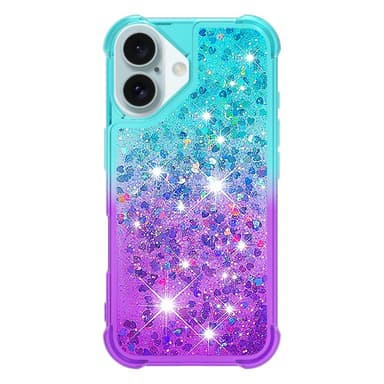 SKALO iPhone 16 Plus Juoksuhiekka Glitter Sydämet TPU kuori - Turkoosi-Violetti