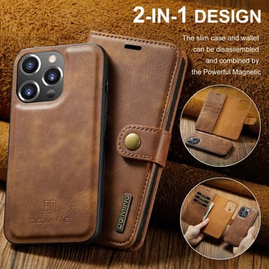DG MING iPhone 16 Pro 2-in-1 magneetti lompakkokotelo - Ruskea