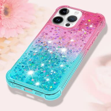 SKALO iPhone 16 Pro Juoksuhiekka Glitter Sydämet TPU kuori - Pinkki-Turkoosi
