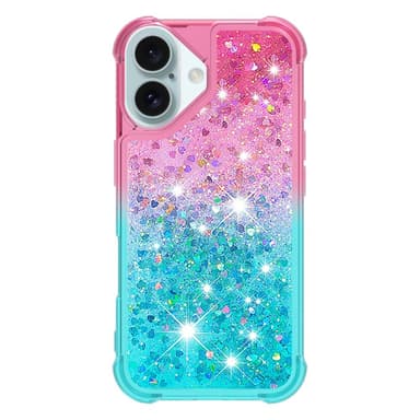 SKALO iPhone 16 Plus Juoksuhiekka Glitter Sydämet TPU kuori - Pinkki-Turkoosi