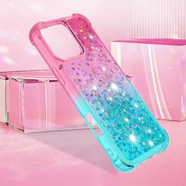 SKALO iPhone 16 Pro Juoksuhiekka Glitter Sydämet TPU kuori - Pinkki-Turkoosi
