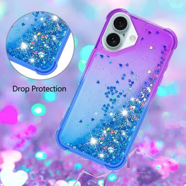 SKALO iPhone 16 Plus Juoksuhiekka Glitter Sydämet TPU kuori - Violetti-Sininen