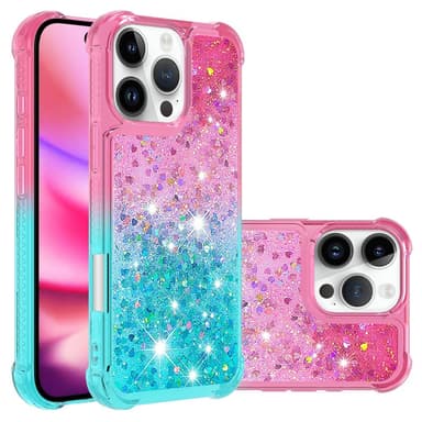 SKALO iPhone 16 Pro Juoksuhiekka Glitter Sydämet TPU kuori - Pinkki-Turkoosi