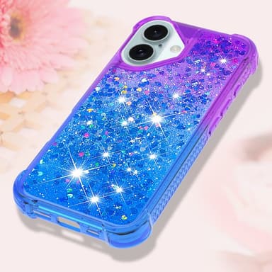 SKALO iPhone 16 Plus Juoksuhiekka Glitter Sydämet TPU kuori - Violetti-Sininen