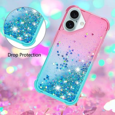 SKALO iPhone 16 Plus Juoksuhiekka Glitter Sydämet TPU kuori - Pinkki-Turkoosi