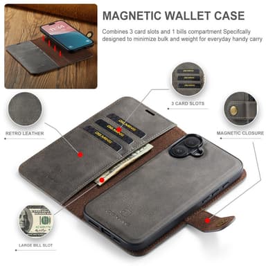 DG MING iPhone 16 Plus 2-in-1 magneetti lompakkokotelo - Harmaa