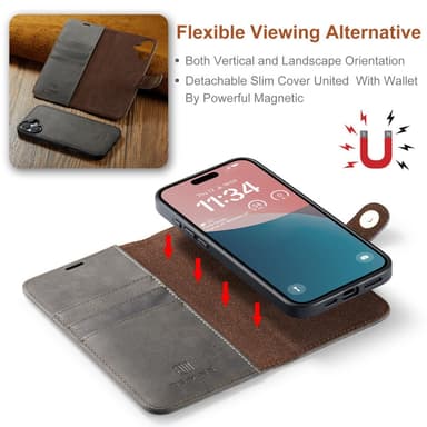 DG MING iPhone 16 Plus 2-in-1 magneetti lompakkokotelo - Harmaa