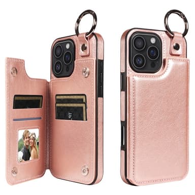 SKALO iPhone 16 Pro Max PU-Nahka Kortinhaltija Ring Suojakuori - Ruusukulta
