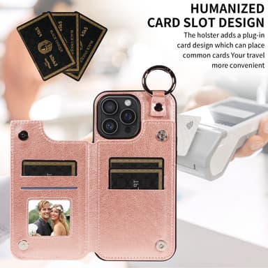 SKALO iPhone 16 Pro Max PU-Nahka Kortinhaltija Ring Suojakuori - Ruusukulta
