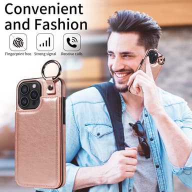 SKALO iPhone 16 Pro Max PU-Nahka Kortinhaltija Ring Suojakuori - Ruusukulta