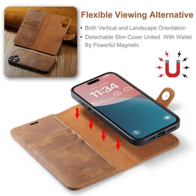 DG MING iPhone 16 2-in-1 magneetti lompakkokotelo - Ruskea