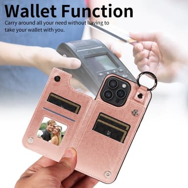 SKALO iPhone 16 Pro Max PU-Nahka Kortinhaltija Ring Suojakuori - Ruusukulta