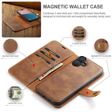 DG MING iPhone 16 2-in-1 magneetti lompakkokotelo - Ruskea