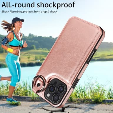 SKALO iPhone 16 Pro Max PU-Nahka Kortinhaltija Ring Suojakuori - Ruusukulta