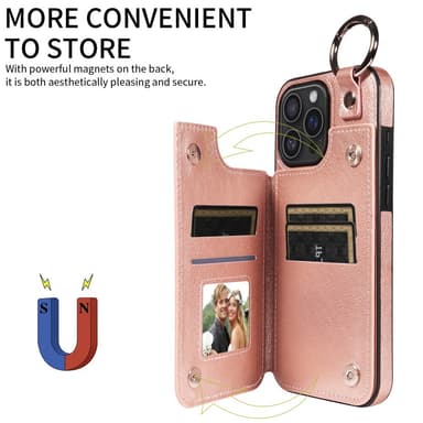 SKALO iPhone 16 Pro Max PU-Nahka Kortinhaltija Ring Suojakuori - Ruusukulta