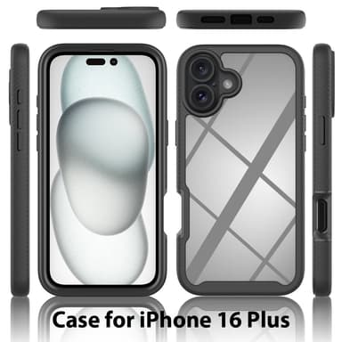 SKALO iPhone 16 Plus Iskunkestävä Clear Hybrid Suojakuori + suojakalvo - Musta