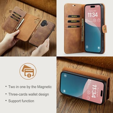 DG MING iPhone 16 2-in-1 magneetti lompakkokotelo - Ruskea