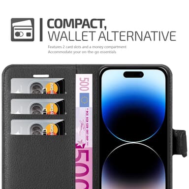 iPhone 14 PRO MAX Suojakuori Lompakkokotelo (Musta)