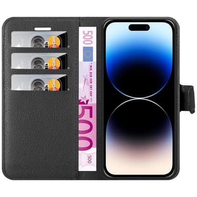 iPhone 14 PRO MAX Suojakuori Lompakkokotelo (Musta)