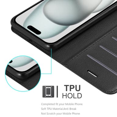 iPhone 15 PLUS Suojakuori Lompakkokotelo (Musta)