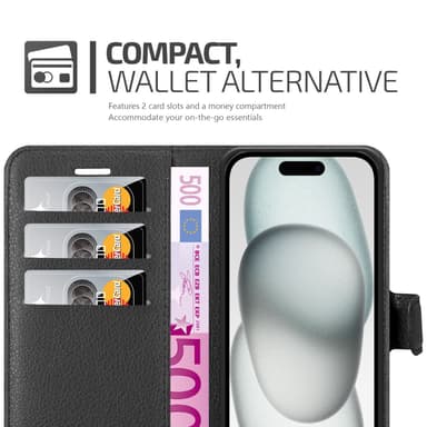 iPhone 15 PLUS Suojakuori Lompakkokotelo (Musta)