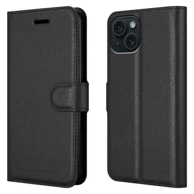 iPhone 15 PLUS Suojakuori Lompakkokotelo (Musta)