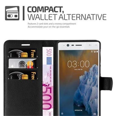 Nokia 3 2017 Suojakuori Lompakkokotelo (Musta)