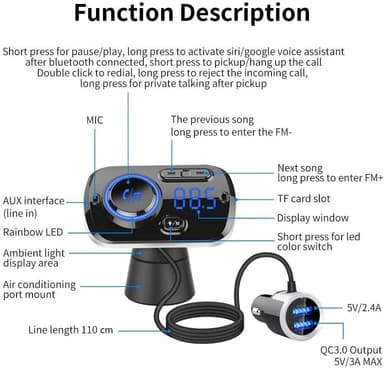 Langaton FM-lähetin autoon Bluetooth 5.0 QC3