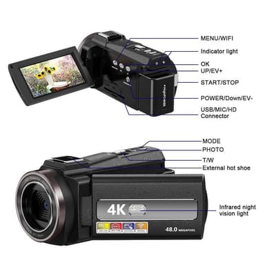 Videokamera 4K/48MP/16x Zoom/IR-pimeänäkö/kaukosäädin