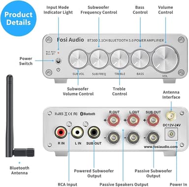 Fosi Audio BT30D-S Bluetooth 5.0 stereoäänivastaanotinvahvistin 2.1-kanavainen minihifi-luokan D integroitu vahvistin 2x50 wattia