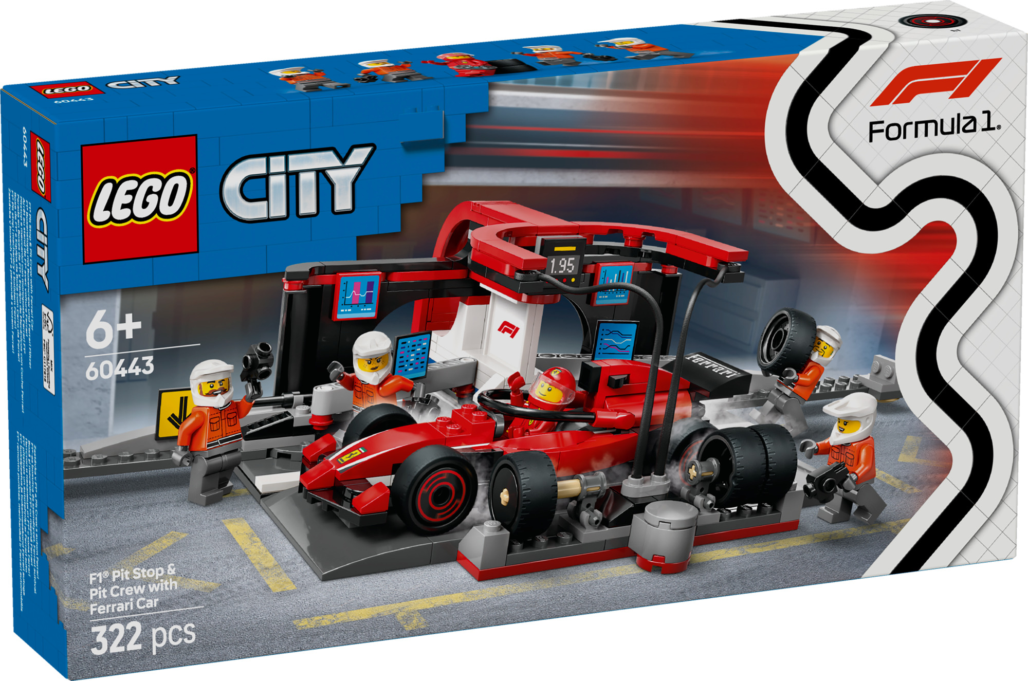 LEGO City F1-varikkopysähdys ja varikkomiehistö sekä Ferrari-auto 60443