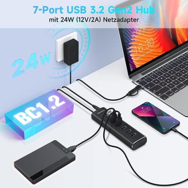 NÖRDIC GEN 3.2 USB-C- ja USB-A-virtalähteellä varustettu keskitin 7-porttia 7x10Gbps 1 m kaapeli yksittäinen kytkin