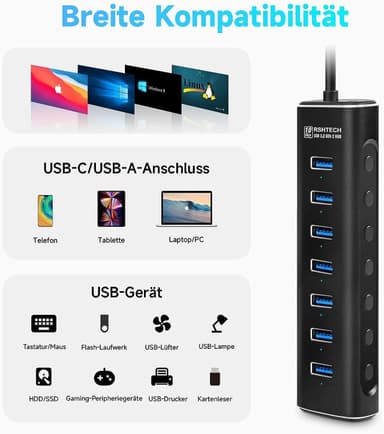 NÖRDIC GEN 3.2 USB-C- ja USB-A-virtalähteellä varustettu keskitin 7-porttia 7x10Gbps 1 m kaapeli yksittäinen kytkin