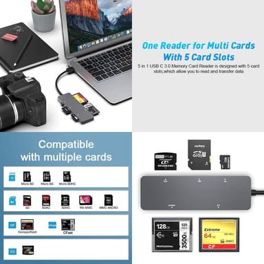 NÖRDIC USB-A 3.0 kortinlukija, 5 paikkaa CFast, CF, SD 4.0, MicroSD 4.0, MS UHS-I