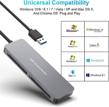 NÖRDIC USB-A 3.0 kortinlukija, 5 paikkaa CFast, CF, SD 4.0, MicroSD 4.0, MS UHS-I