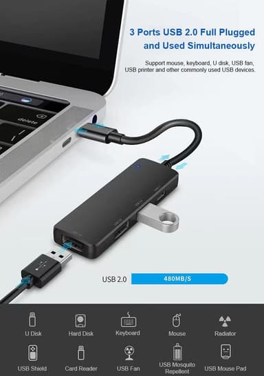 NÖRDIC 4-porttinen USB-C 2.0 -keskitin 3xUSB-A 480Mbps 1xUSB-C 480Mbps