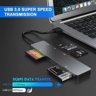 NÖRDIC USB-A 3.0 kortinlukija, 5 paikkaa CFast, CF, SD 4.0, MicroSD 4.0, MS UHS-I
