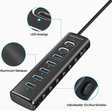 NÖRDIC GEN 3.2 USB-C- ja USB-A-virtalähteellä toimiva Hubb 7-porttia 3x10Gbps 4x5Gbps 1m kaapeli yksittäinen kytkin