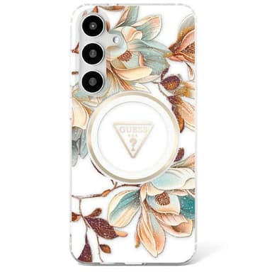 Guess Glitter Flower MagSafe kuori Samsung Galaxy S25 - White