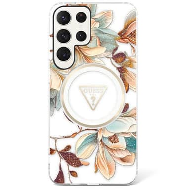 Guess Glitter Flower MagSafe kuori Samsung Galaxy S25 Ultra - White