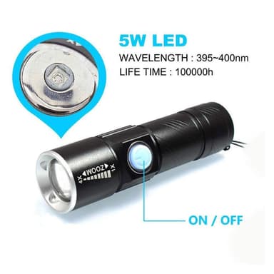 UV-taskulamppu USB ladattava 395nm LED-ultraviolettivalotunnistin
