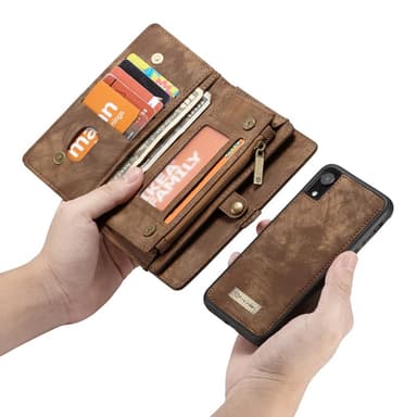 CASEME Irrotettava 2-in-1 Monipaikkainen Lompakkokotelo iPhone XR Ruskea