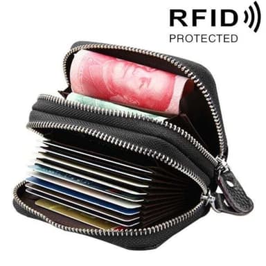 Svart lehmännahkalompakko, jossa on RFID-suojaus ja monia käytännöllisiä lokeroita